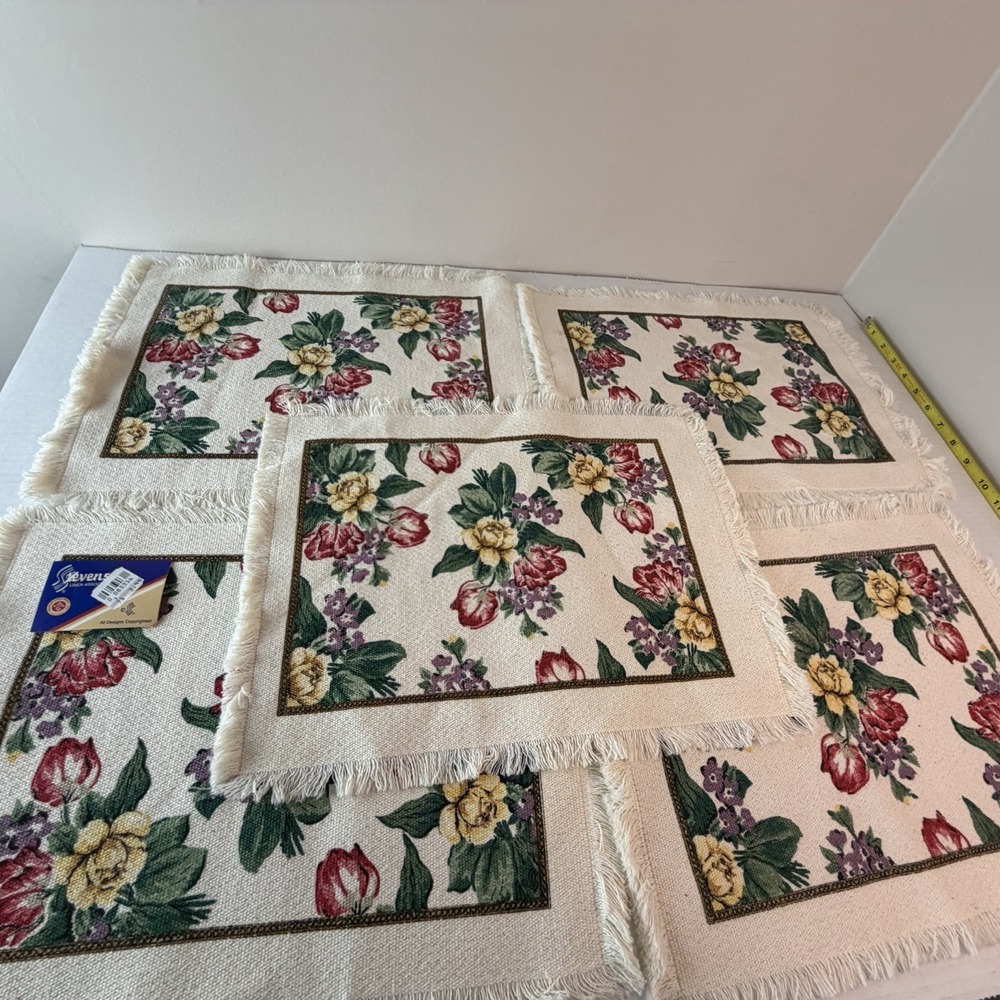 Vintage Stevens Linen Placemats Napkins Set 5, Floral Cottagecore Fringed USA